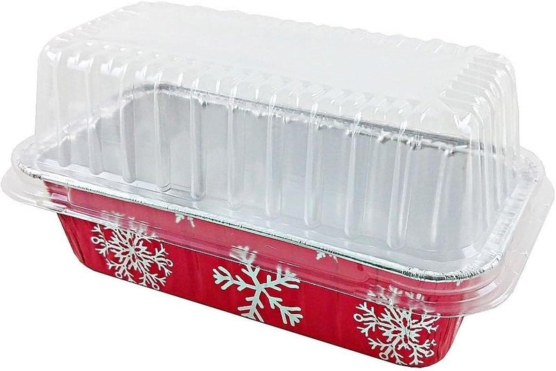 PACTOGO 2 lb. Disposable Red & Silver Holiday Christmas Snowflake Aluminum Foil Standard Size Loaf/Bread Baking Pans with Clear High Dome Lids (Pack of 6) - Image 1